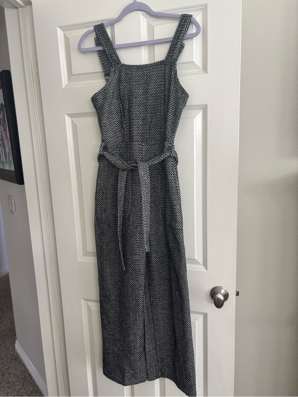 NWOT Sage Woven Herringbone Wide-Leg Jumpsuit - Black & White XS